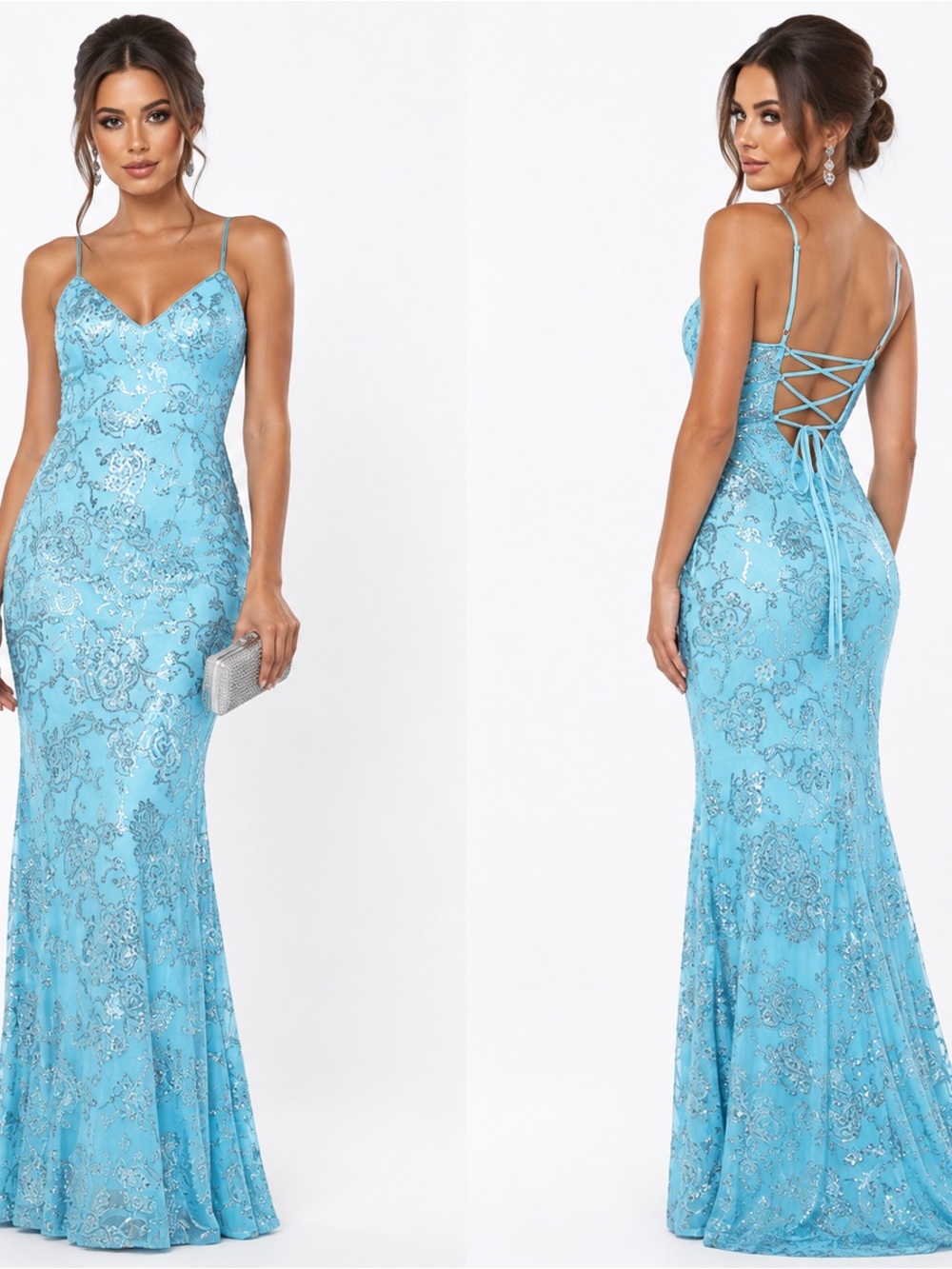 Lulu's Aqua Sequin Floral Lace-Up Back Blue Aqua Prom Evening Dress size Large